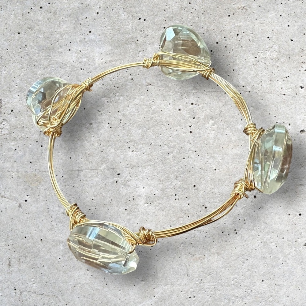 Gold Wire Faceted Crystal Heart Wire Wrapped Stackable Bangle Bracelet